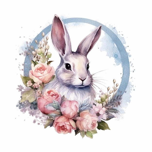 Il y a un lapin avec des fleurs au milieu de l'ai génératif