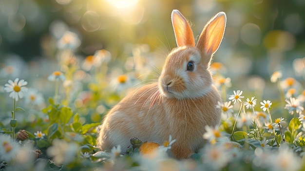 Il y a un lapin de Pâques et des œufs sur un pré avec un lapin à sucre