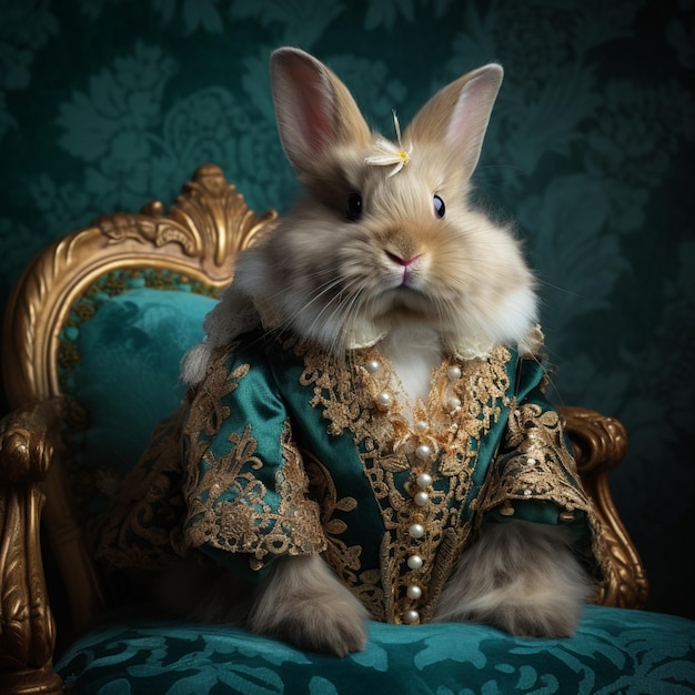 Il y a un lapin qui est assis sur une chaise portant une robe générative ai