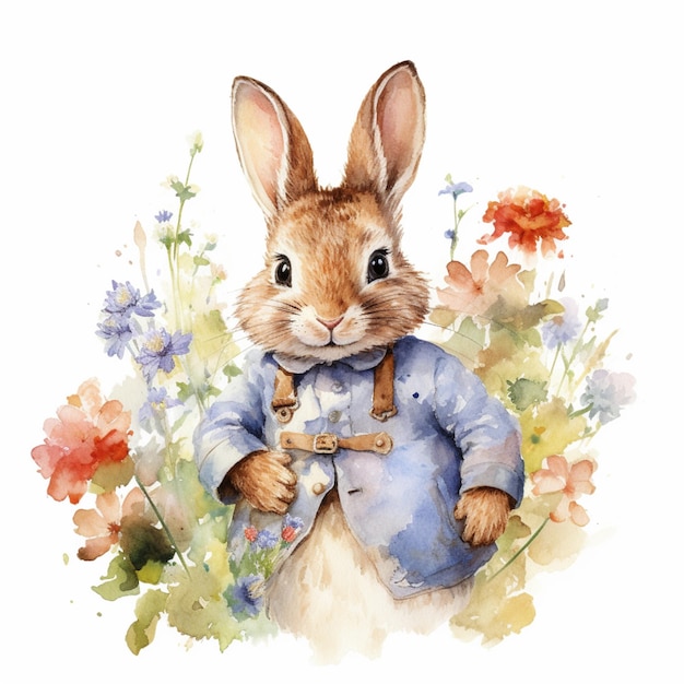 Il y a un lapin qui porte une veste bleue et un nœud papillon.