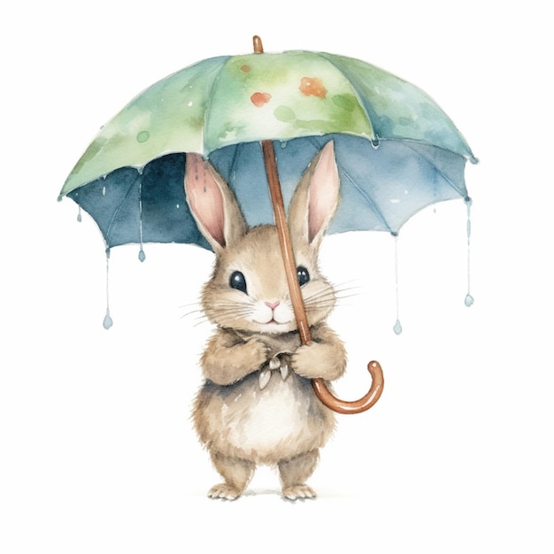 Il y a un lapin tenant un parapluie avec des gouttes de pluie dessus ai générative