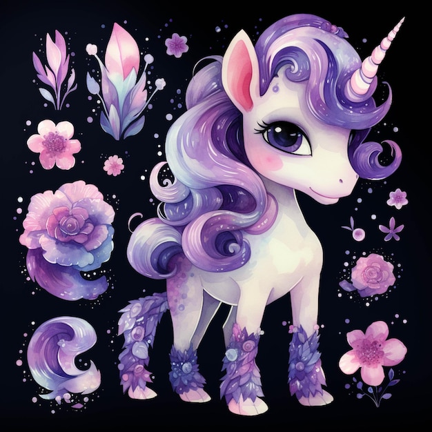 Il y a une licorne aux cheveux violets et fleurs sur fond noir ai générative