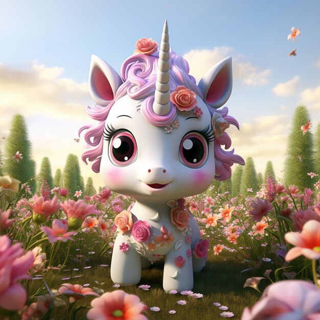 Il y a une licorne de dessin animé avec une couronne de fleurs dans un champ de fleurs.