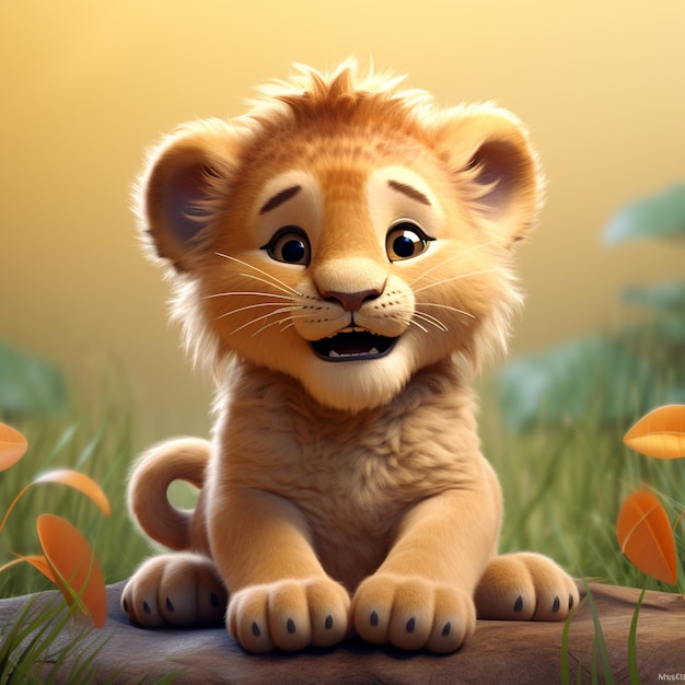 Il y a un lion de dessin animé assis sur un rocher dans l'herbe générative ai