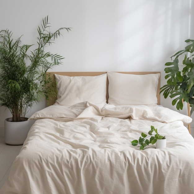 Il y a un lit avec une couverture blanche et une plante dans un pot génératif ai