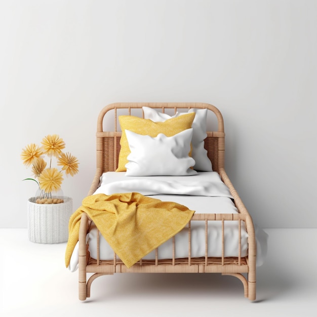 Il y a un lit avec une couverture jaune et un oreiller blanc.