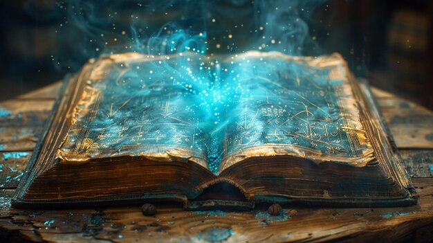 Il y a un livre avec une lumière bleue qui en sort.