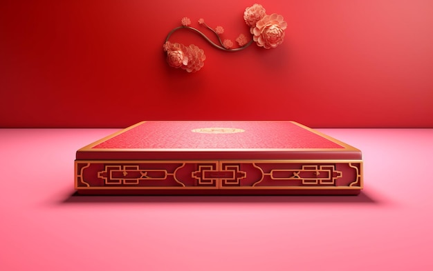 Il y a un livre rouge avec une couverture en or et une fleur générative ai