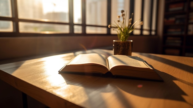 Il y a un livre sur une table avec une plante en arrière-plan.