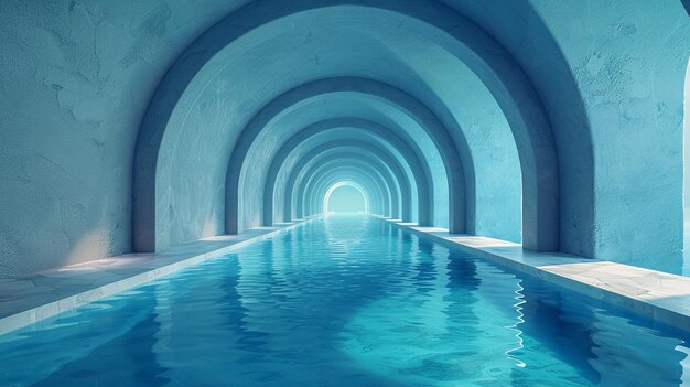 Il y a une longue piscine avec de l'eau bleue.