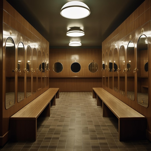 Photo il y a une longue rangée de bancs en bois dans une salle de bain publique.