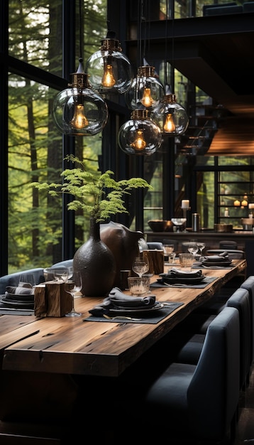 Il y a une longue table avec un vase dessus dans un restaurant ai génératif