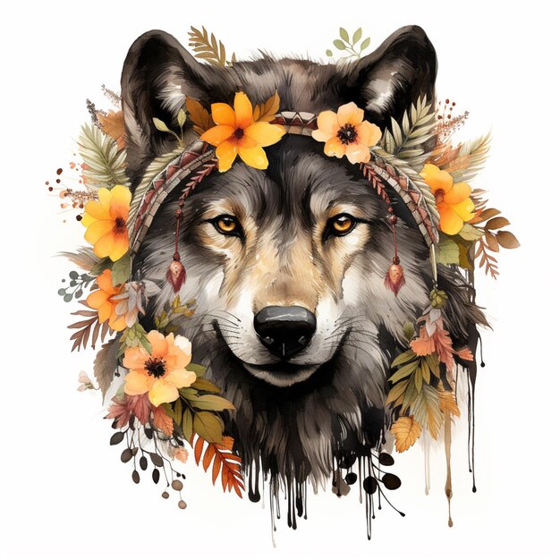 Il y a un loup avec une couronne de fleurs sur sa tête.