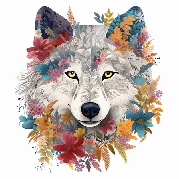 Il y a un loup avec des fleurs et des feuilles sur sa tête.