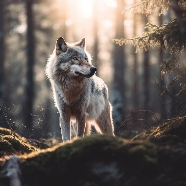 Il y a un loup qui se tient dans les bois et regarde la caméra.