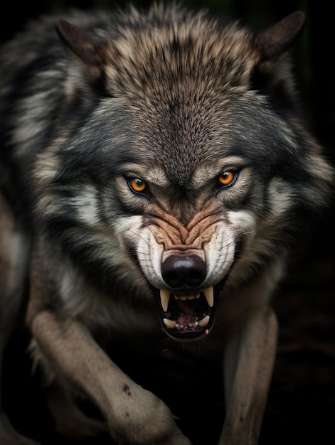 Il y a un loup avec sa bouche ouverte et ses dents largement ouvertes.