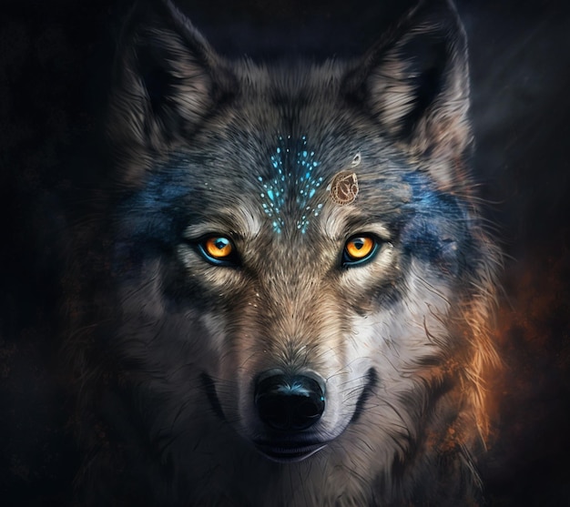 Il y a un loup avec des yeux brillants et un point bleu sur son front.