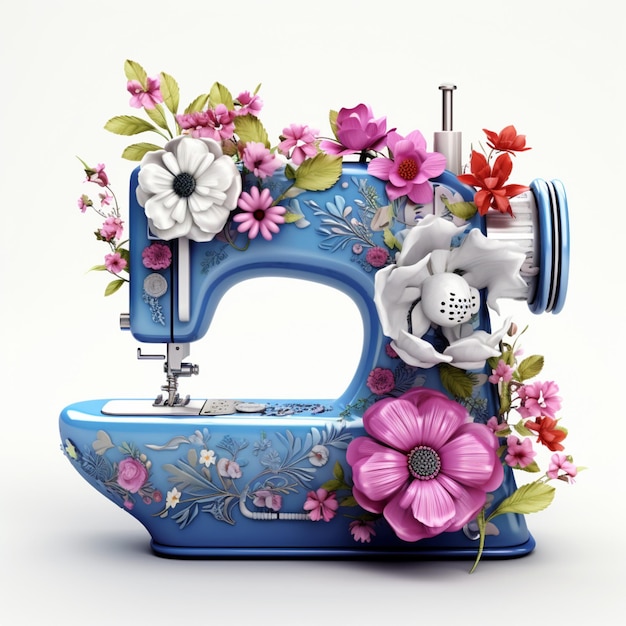 Il y a une machine à coudre bleue avec des fleurs dessus.