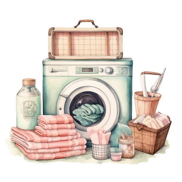 Il y a une machine à laver et un tas de serviettes et un panier de fournitures de nettoyage générative ai