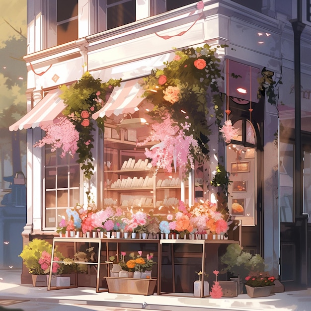 Il y a un magasin avec beaucoup de fleurs dessus.