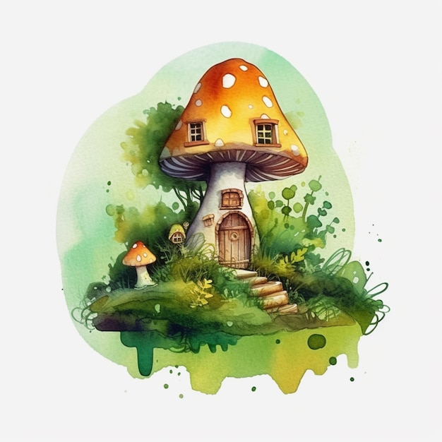 il y a une maison aux champignons avec une porte et une porte sur l'herbe ai générative