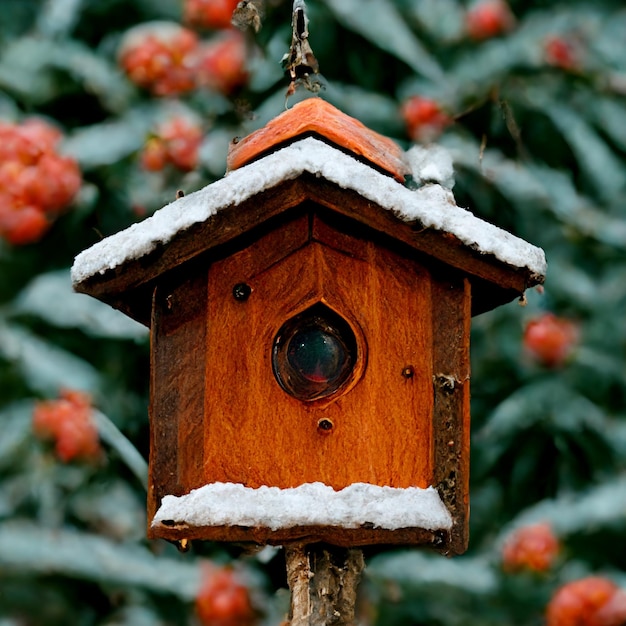 Il y a une maison d'oiseaux avec un oiseau au-dessus.