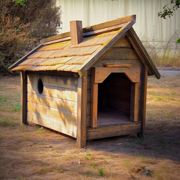 Photo il y a une maison pour chiens avec un toit en bois.