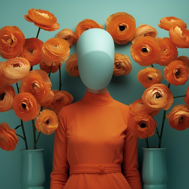 Photo il y a un mannequin avec des fleurs orange devant un mur bleu ai générative