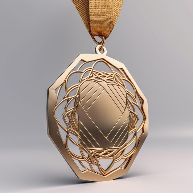 Il y a une médaille d'or avec un ruban d'or autour d'elle.