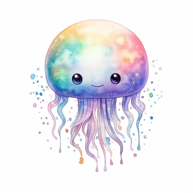 Il y a une méduse avec une méduse colorée sur sa tête.