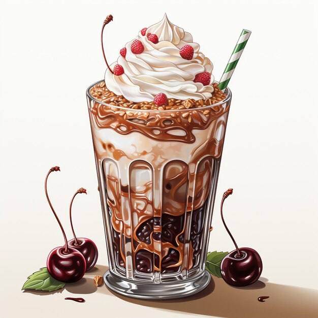 Il y a un milk-shake au chocolat avec de la crème fouettée et des cerises.