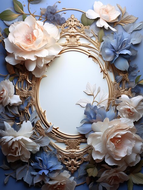 Il y a un miroir avec des fleurs dessus et un fond bleu génératif ai