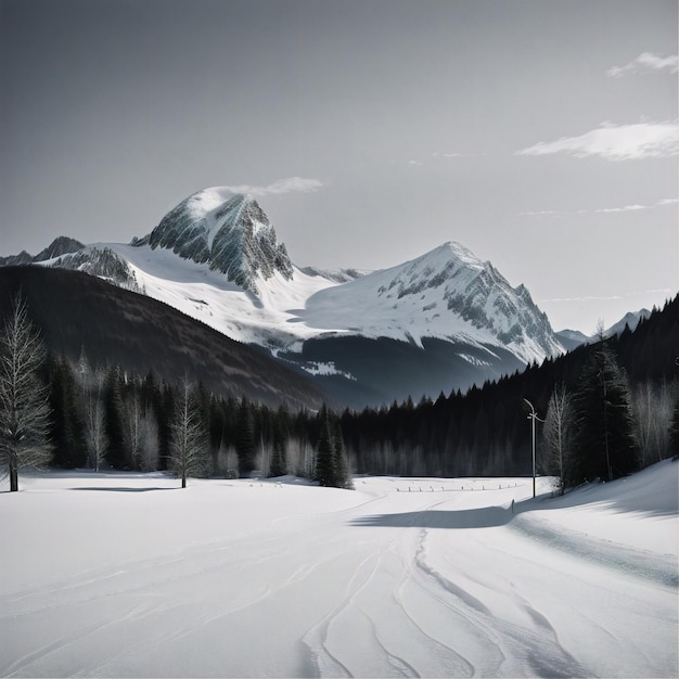 il y a une montagne couverte de neige avec quelques arbres au premier plan