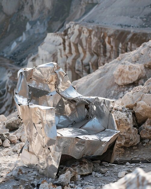 Il y a un morceau d'aluminium assis sur un rocher dans le désert.