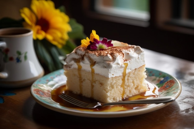 Il y a un morceau de gâteau sur une assiette avec une fourchette générative ai