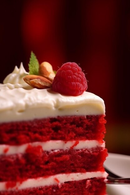 Il y a un morceau de gâteau avec du glaçage blanc et des framboises sur le dessus.