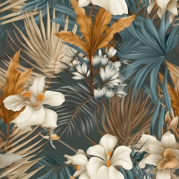 Photo il y a un motif de feuilles et de fleurs tropicales sur fond bleu ai générative