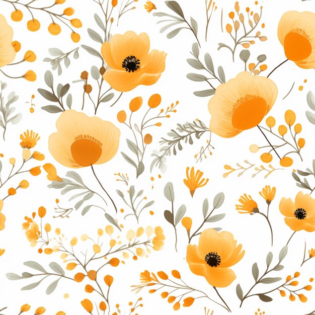 Il y a un motif de fleurs et de feuilles d'orange sur un fond blanc.