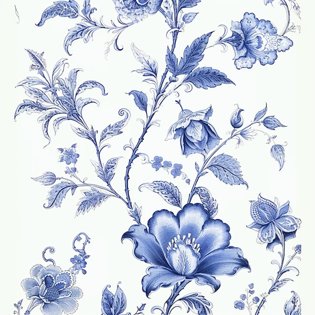 il y a un motif floral bleu et blanc sur fond blanc ai générative