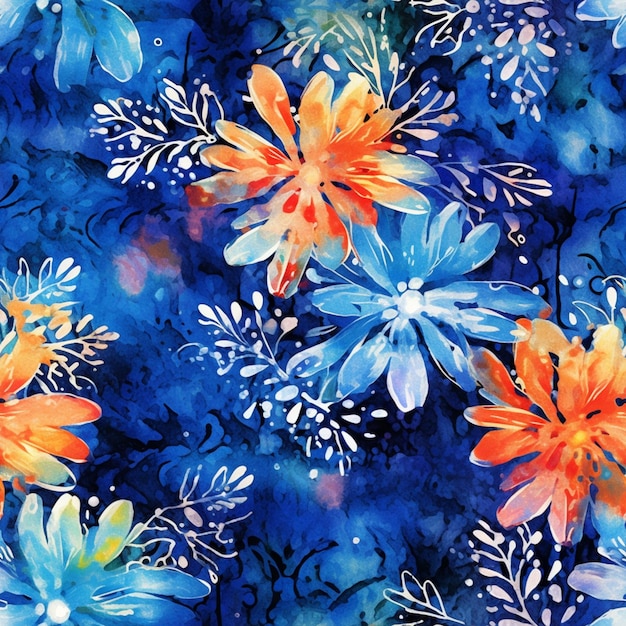 il y a un motif floral bleu et orange avec des fleurs blanches ai générative