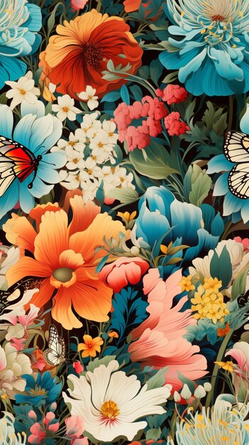 il y a un motif floral coloré avec des papillons et des fleurs ai génératif