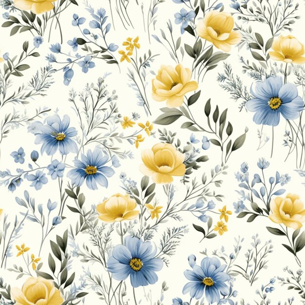 Photo il y a un motif floral avec des fleurs bleues et jaunes sur un fond blanc