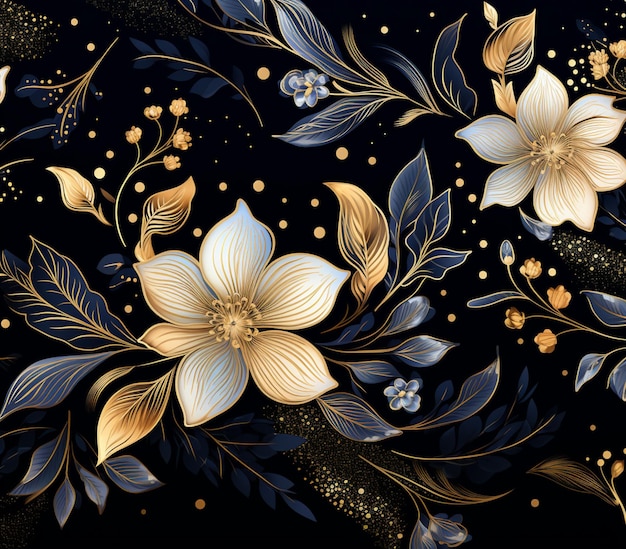 il y a un motif floral avec des fleurs dorées et bleues sur fond noir ai générative