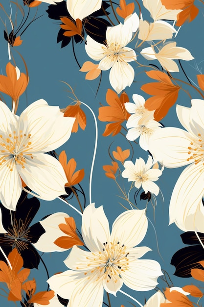 il y a un motif floral avec des fleurs orange et blanches sur fond bleu ai générative