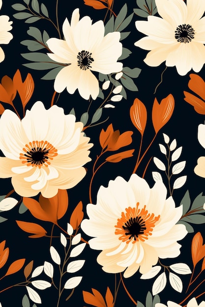 il y a un motif floral avec des fleurs orange et blanches sur fond noir ai générative