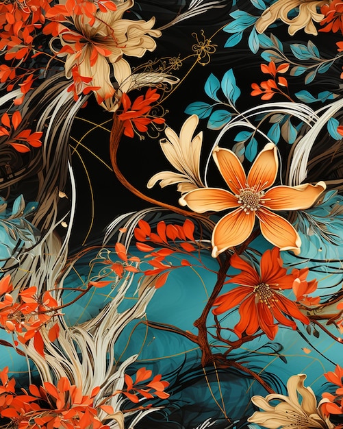 il y a un motif floral avec des fleurs orange et bleues sur fond noir ai générative