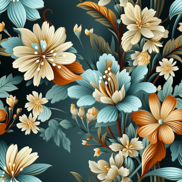 il y a un motif floral avec des fleurs orange et bleues sur fond noir ai générative