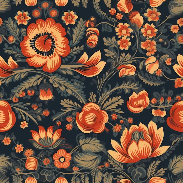 Il y a un motif floral avec des fleurs orange sur un fond bleu génératif ai