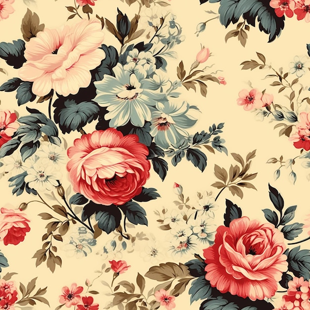 Il y a un motif floral avec des fleurs roses et bleues dessus.