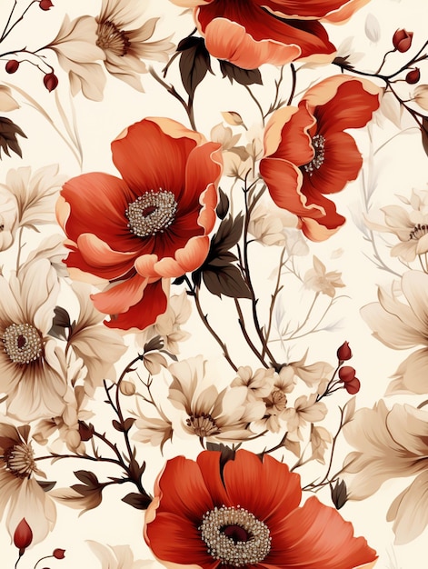 Il y a un motif floral avec des fleurs rouges et blanches sur fond blanc ai générative